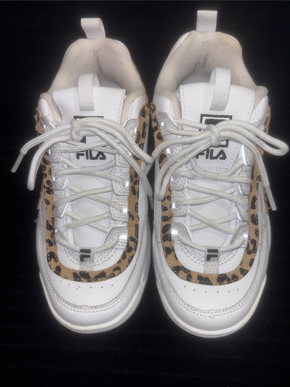 Fila Women’s Sz 6 White Sneakers with Leopard Accent